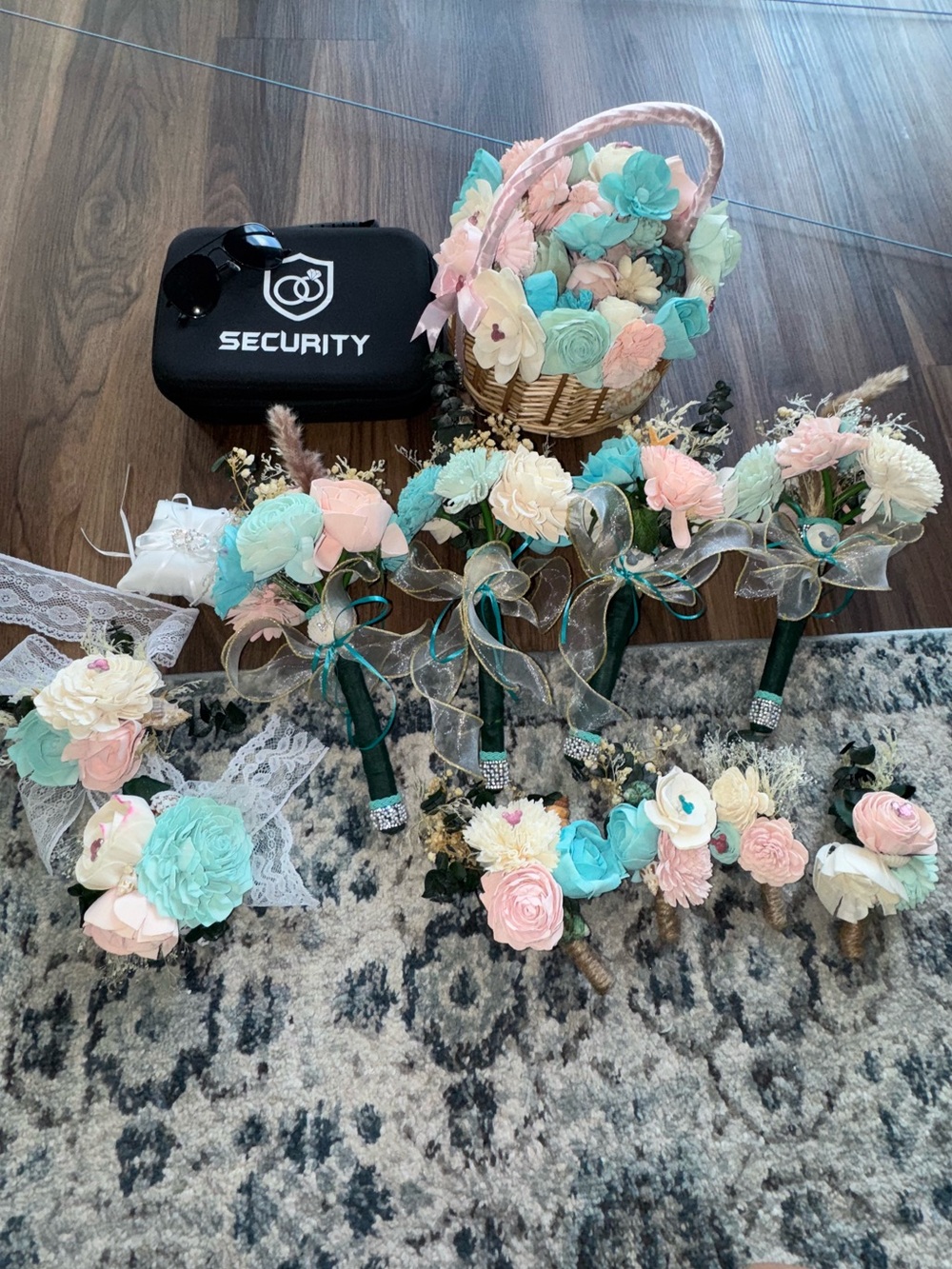 Sola Wood Flowers Disney Wedding Aqua and Blush Bouquet and Boutonnieres Bundle